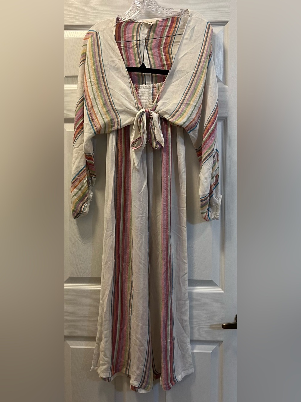 Elan 2 Piece White/Multi-Colored Striped Gauzy outfit. Top XS & Pants M.